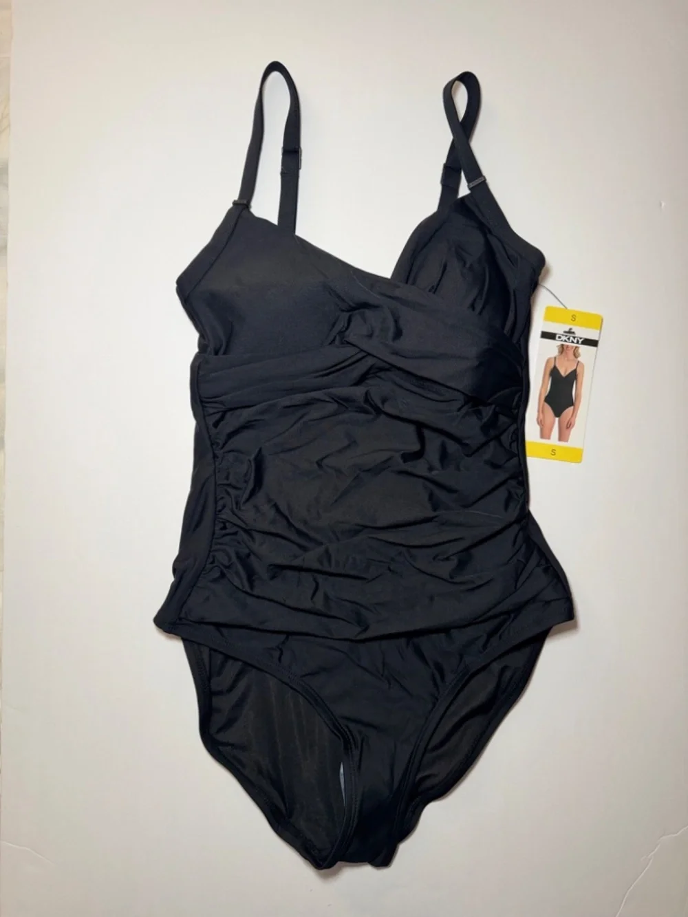 DKNY One Piece Swimsuit Small Black Ruched Twist Front NWT - Picture 2 of 6